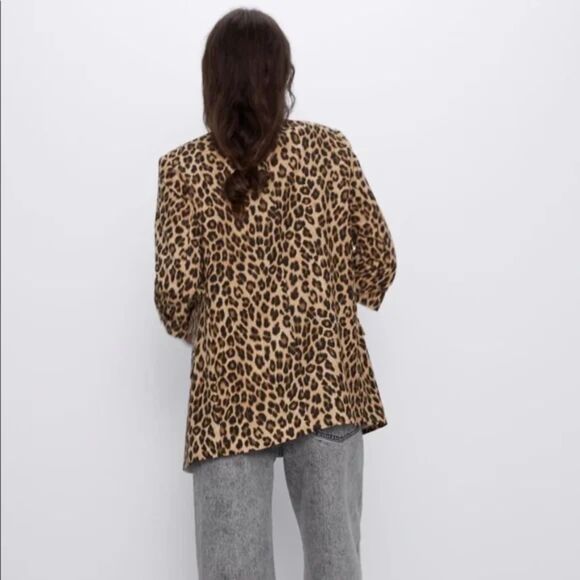 Zara Leopard Animal Print Blazer Jacket Women's M Brown Black 3/4 Sleeve Cuffed - Picture 2 of 11